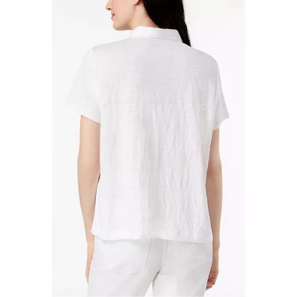 Eileen Fisher Organic Linen Short Sleeve Button Down Shirt in White - Picture 2 of 8